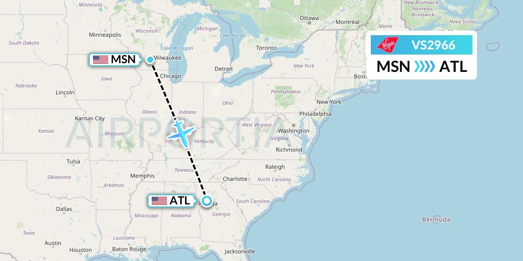 VS2966 Virgin Atlantic Airways Flight Map: Madison to Atlanta