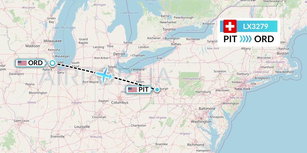 LX3279 Swiss Flight Map: Pittsburgh to Chicago