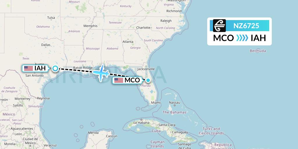 NZ6725 Air New Zealand Flight Map: Orlando to Houston
