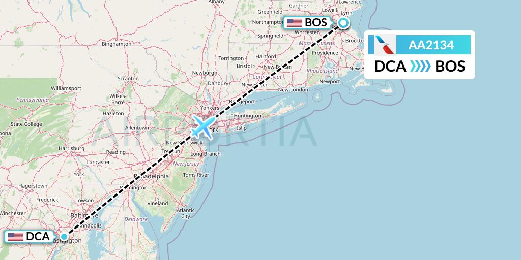 AA2134 American Airlines Flight Map: Washington to Boston