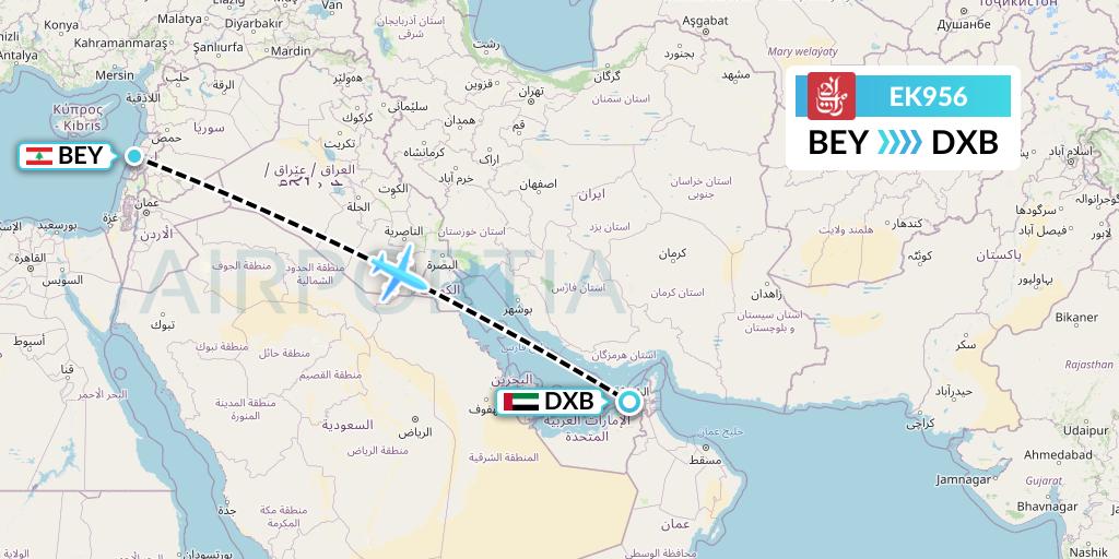 EK956 Emirates Flight Map: Beirut to Dubai