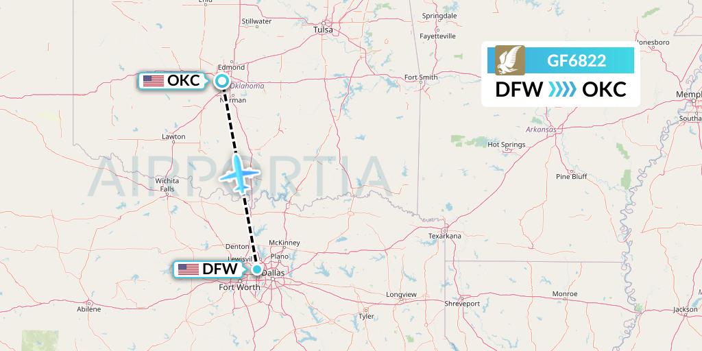 GF6822 Gulf Air Flight Map: Dallas to Oklahoma City