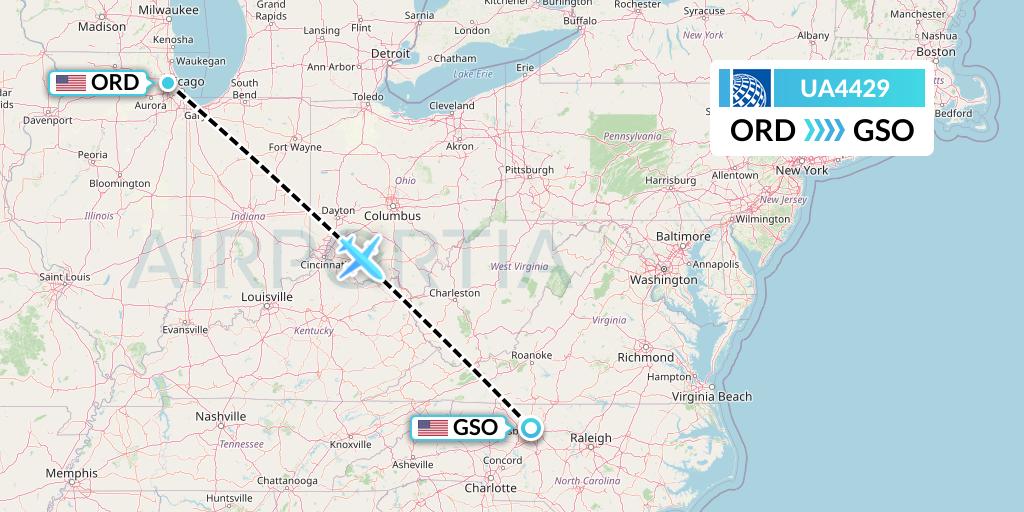 UA4429 United Airlines Flight Map: Chicago to Greensboro