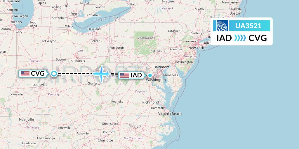 UA3521 United Airlines Flight Map: Washington to Cincinnati