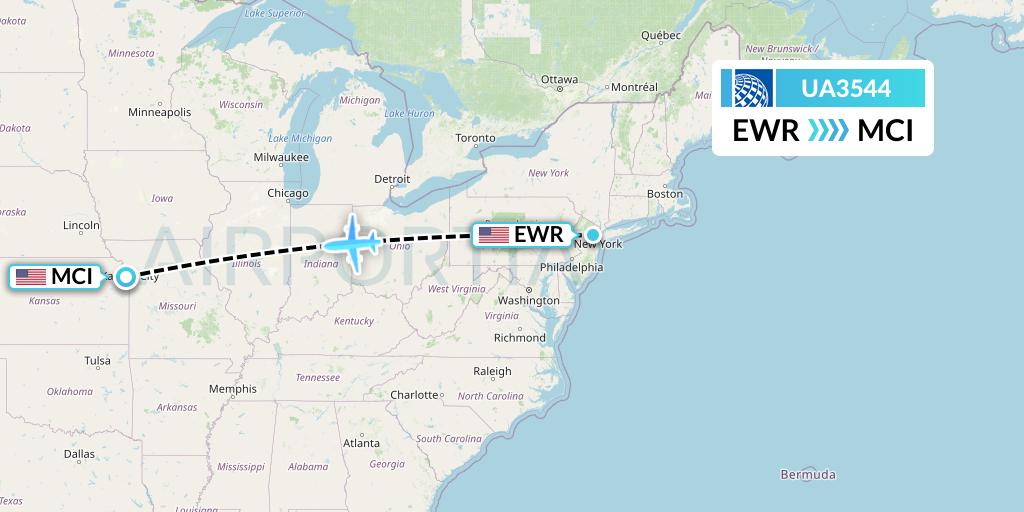 UA3544 United Airlines Flight Map: New York to Kansas City
