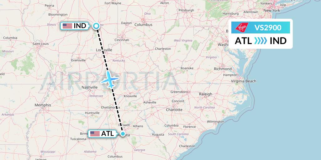 VS2900 Virgin Atlantic Airways Flight Map: Atlanta to Indianapolis