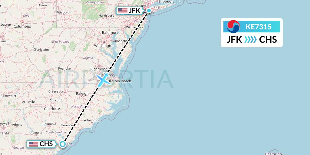 KE7315 Korean Air Flight Map: New York to Charleston