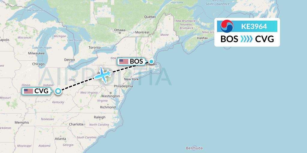 KE3964 Korean Air Flight Map: Boston to Cincinnati