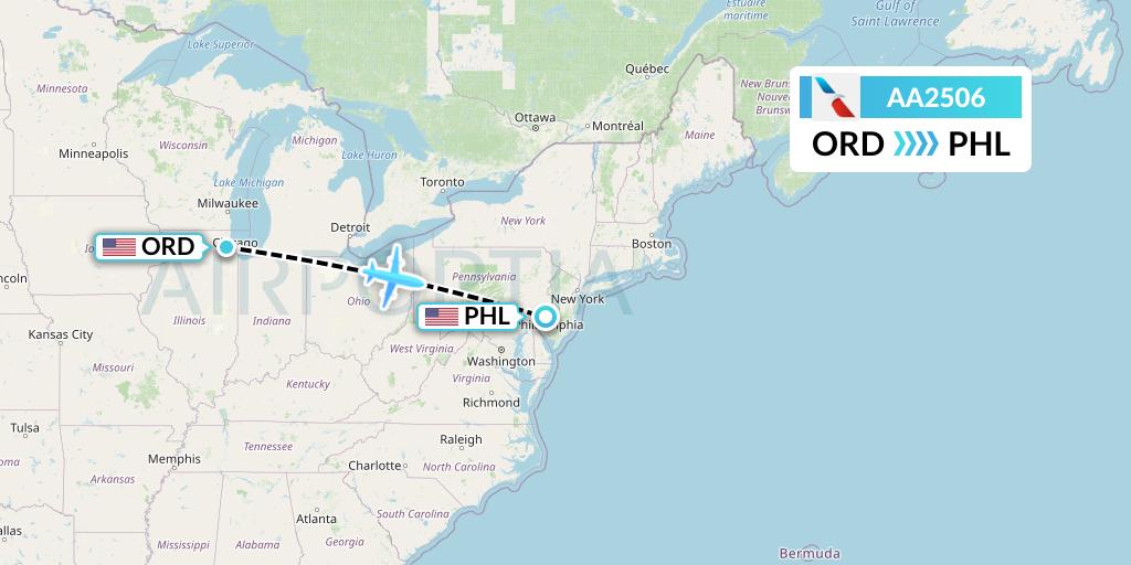 AA2506 American Airlines Flight Map: Chicago to Philadelphia