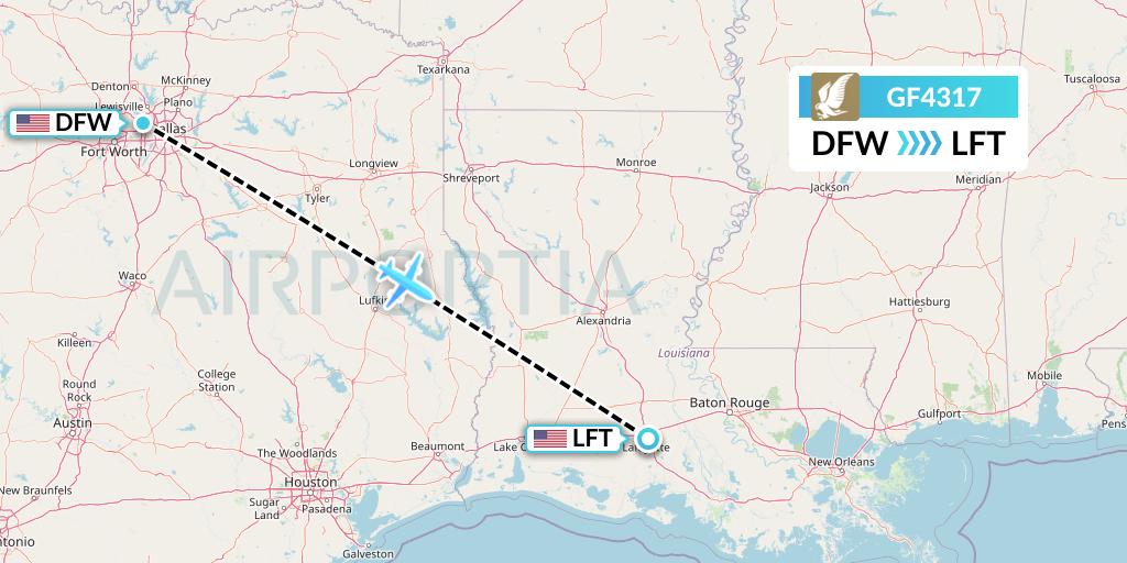 GF4317 Gulf Air Flight Map: Dallas to Lafayette