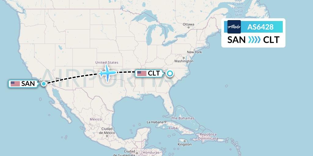 AS6428 Alaska Airlines Flight Map: San Diego to Charlotte