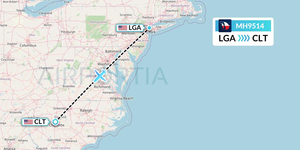 MH9514 Malaysia Airlines Flight Map: New York to Charlotte