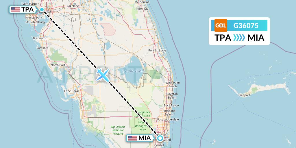G36075 GOL Transportes Aeros Flight Map: Tampa to Miami