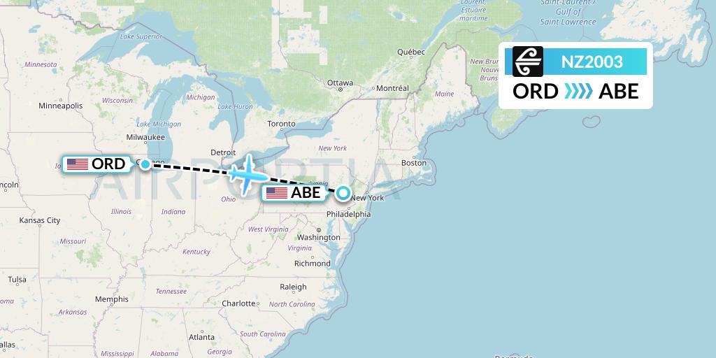 NZ2003 Air New Zealand Flight Map: Chicago to Allentown