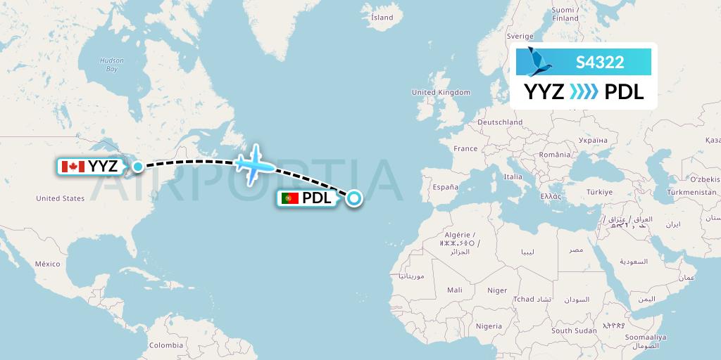 S4322 Azores Airlines Flight Map: Toronto to Ponta Delgada