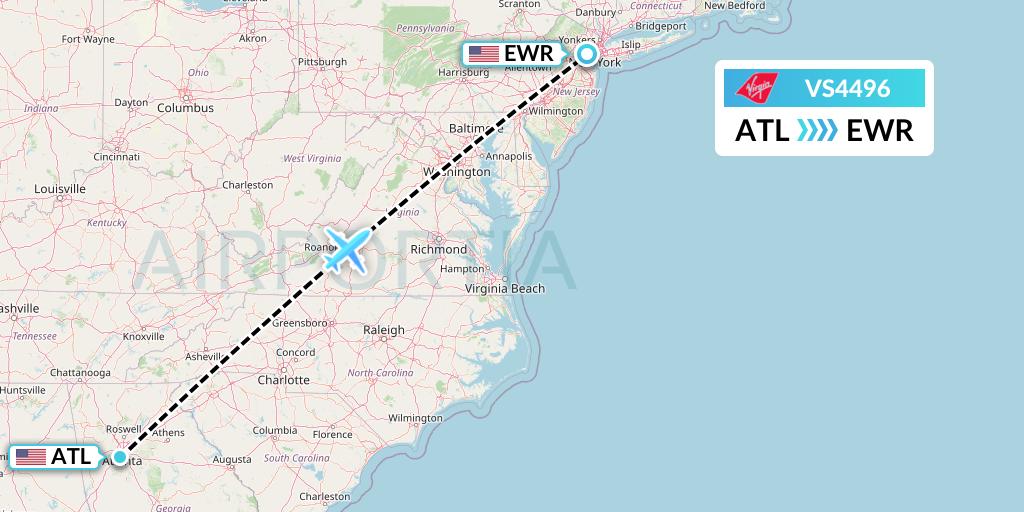 VS4496 Virgin Atlantic Airways Flight Map: Atlanta to New York