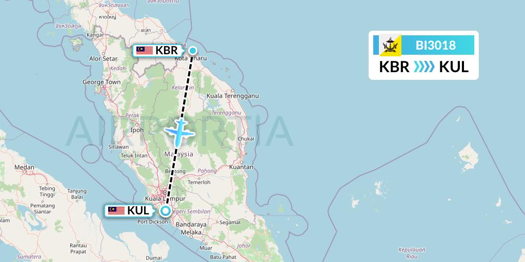 BI3018 Royal Brunei Airlines Flight Map: Kota Bharu to Kuala Lumpur