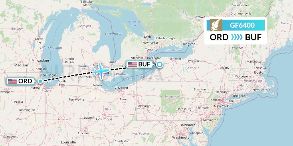 GF6400 Gulf Air Flight Map: Chicago to Buffalo