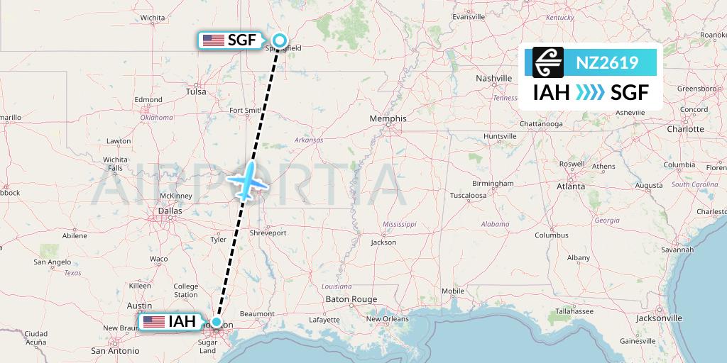 NZ2619 Air New Zealand Flight Map: Houston to Springfield
