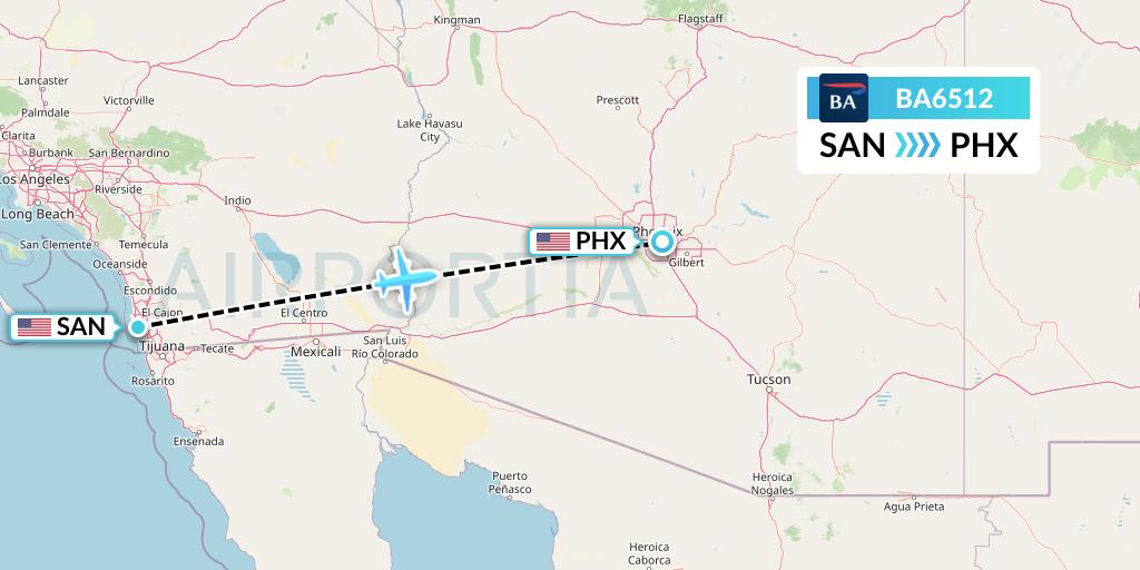 BA6512 British Airways Flight Map: San Diego to Phoenix