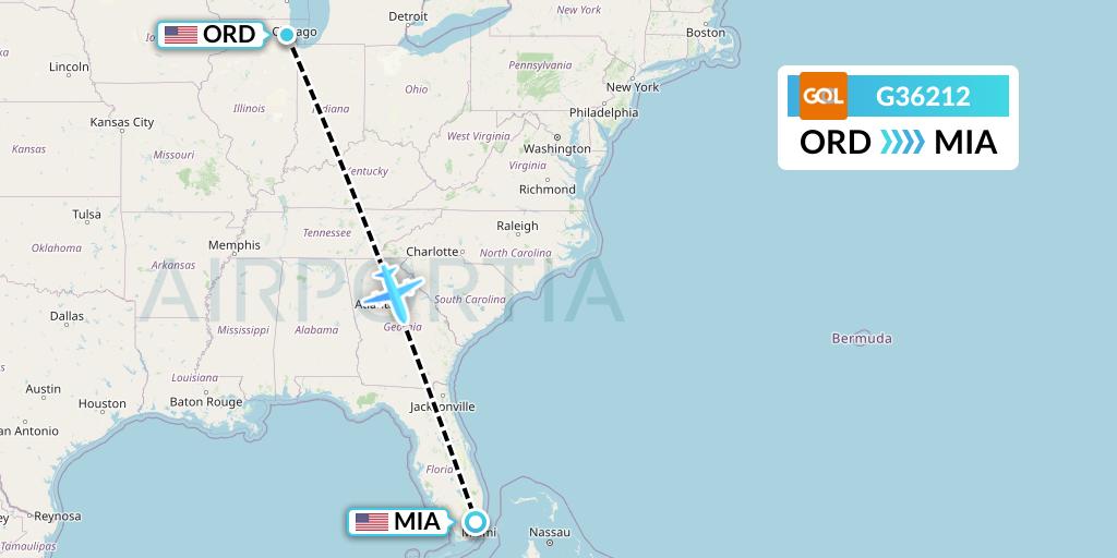 G36212 GOL Transportes Aeros Flight Map: Chicago to Miami