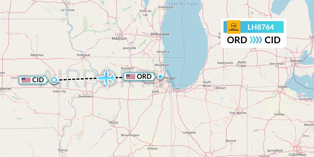 LH8764 Lufthansa Flight Map: Chicago to Cedar Rapids