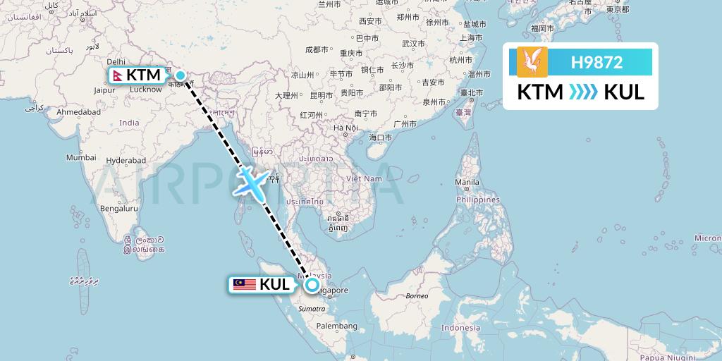 H9872 Himalaya Airlines Flight Map: Kathmandu to Kuala Lumpur