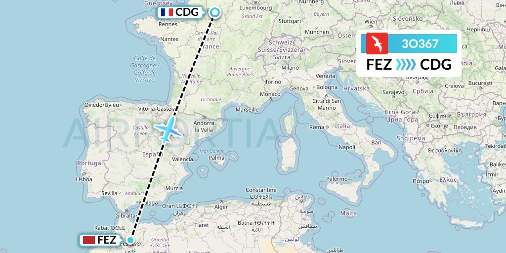3O367 Air Arabia Maroc Flight Map: Fes to Paris