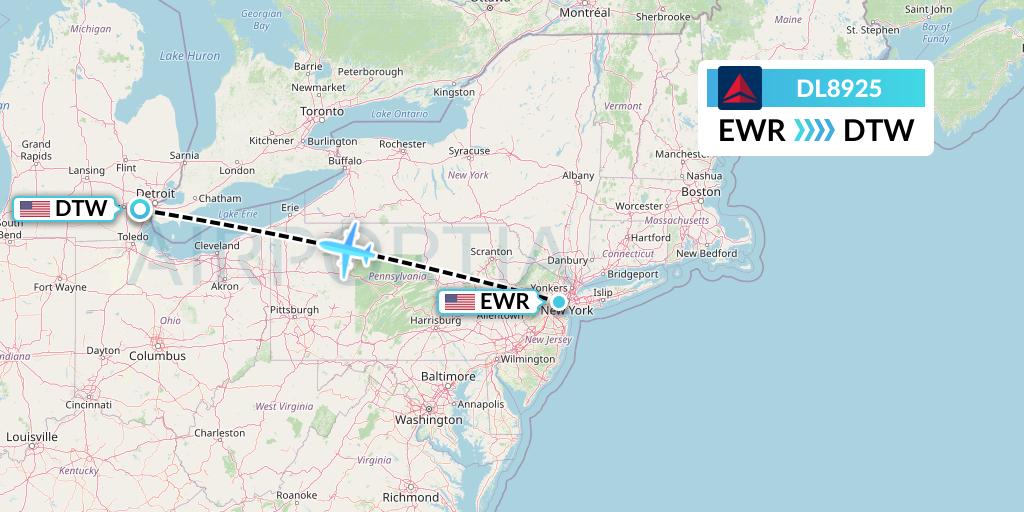 DL8925 Delta Air Lines Flight Map: New York to Detroit