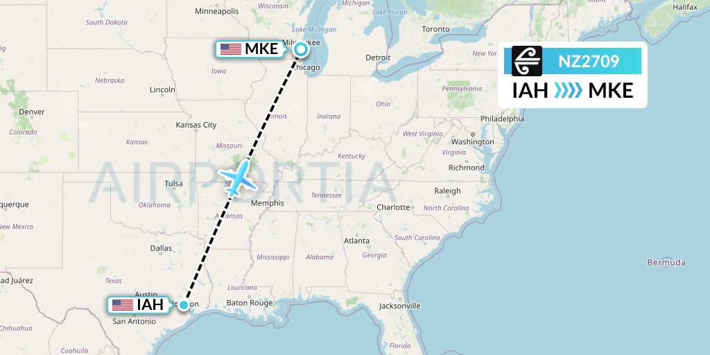 NZ2709 Air New Zealand Flight Map: Houston to Milwaukee