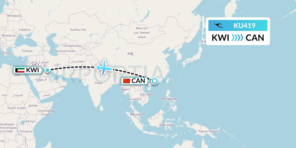 KU419 Kuwait Airways Flight Map: Kuwait City to Guangzhou