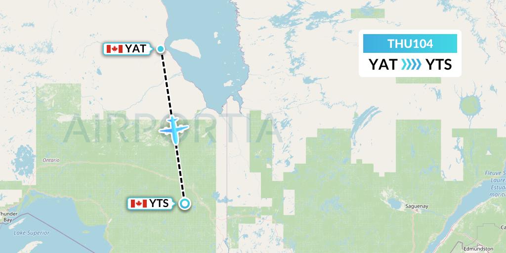THU104 Thunder Airlines Flight Map: Attawapiskat to Timmins