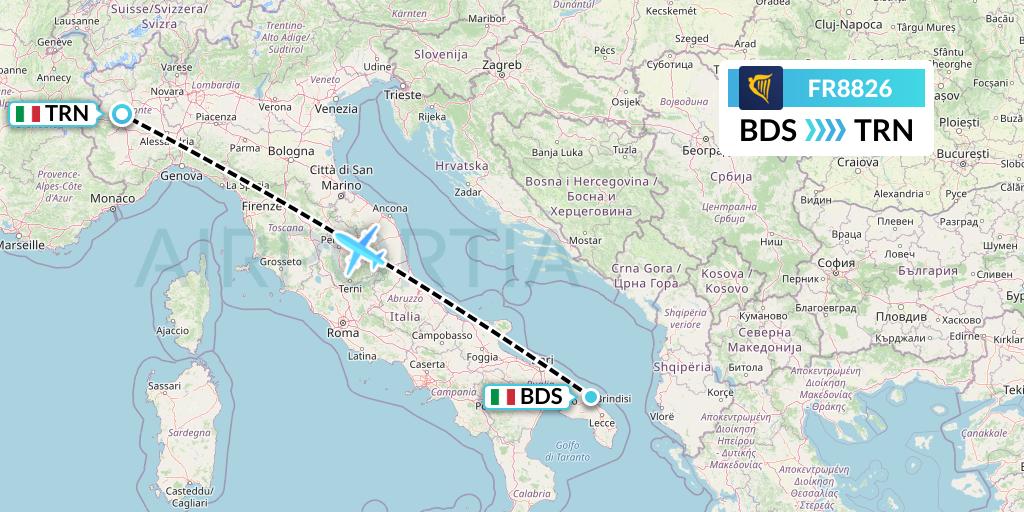 FR8826 Ryanair Flight Map: Brindisi to Turin