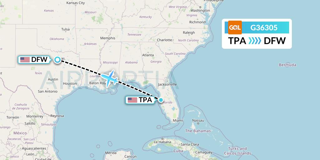 G36305 GOL Transportes Aeros Flight Map: Tampa to Dallas