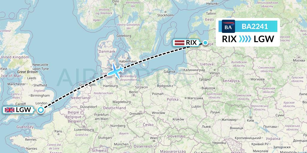 BA2241 British Airways Flight Map: Riga to London