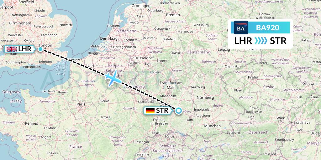 BA920 British Airways Flight Map: London to Stuttgart