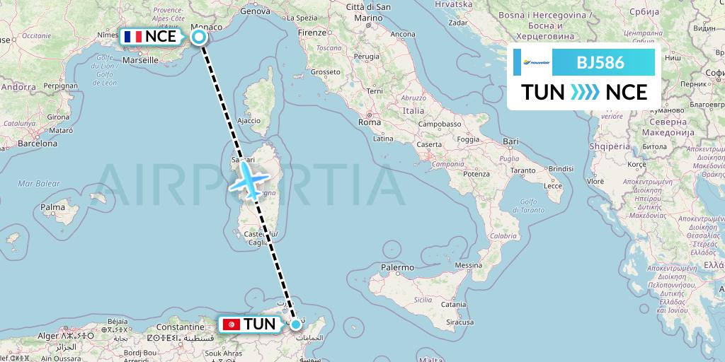 BJ586 Nouvelair Tunisie Flight Map: Tunis to Nice