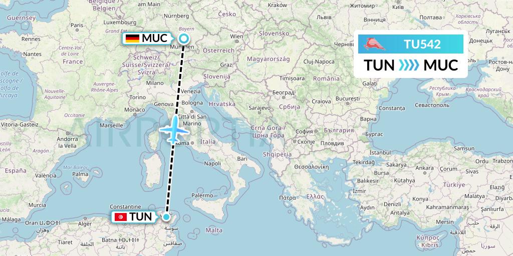 TU542 Tunisair Flight Map: Tunis to Munich