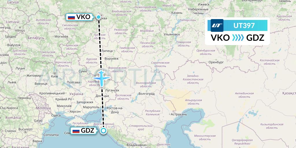UT397 UTair Flight Map: Moscow to Gelendzhik