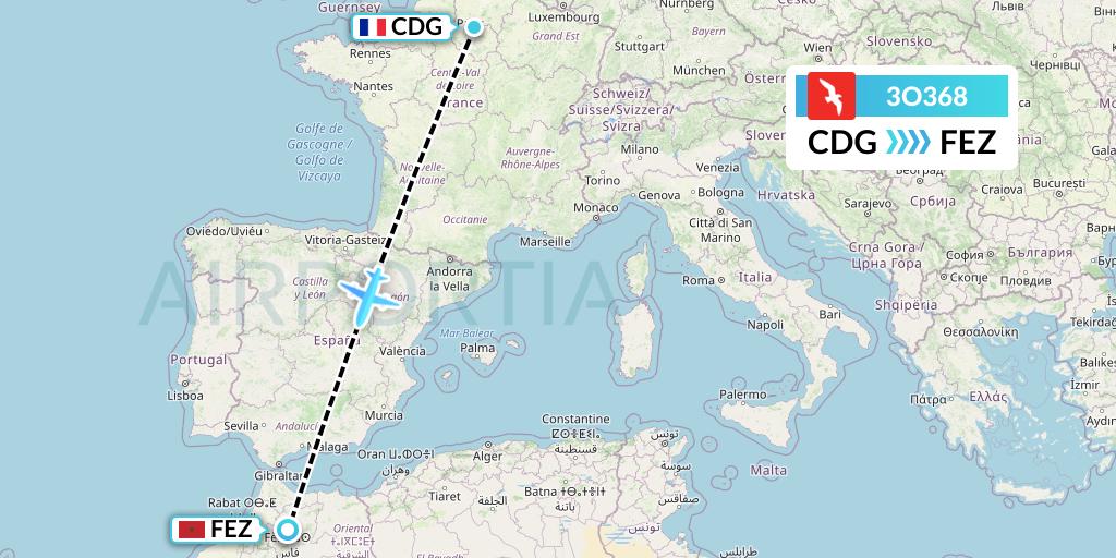 3O368 Air Arabia Maroc Flight Map: Paris to Fes