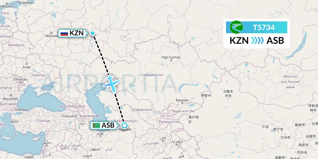 T5734 Turkmenistan Airlines Flight Map: Kazan to Ashgabat