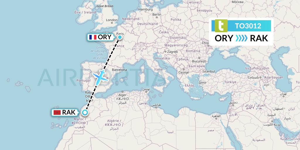 TO3012 Transavia France Flight Map: Paris to Marrakesh 