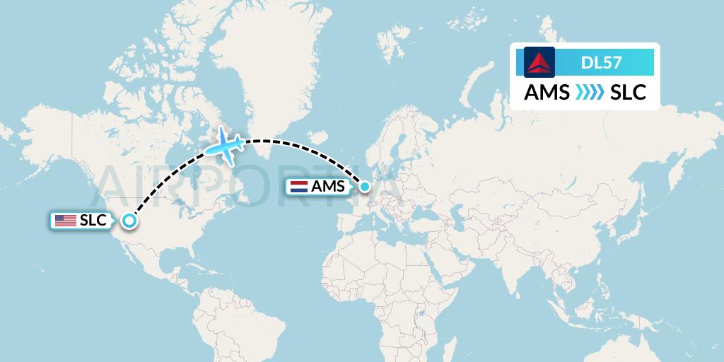 DL57 Delta Air Lines Flight Map: Amsterdam to Salt Lake City
