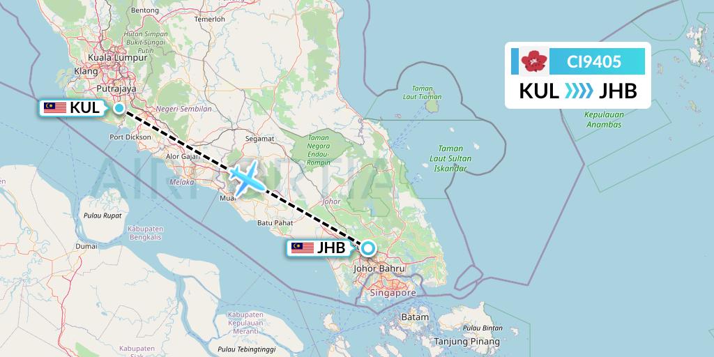 CI9405 China Airlines Flight Map: Kuala Lumpur to Johor Bahru