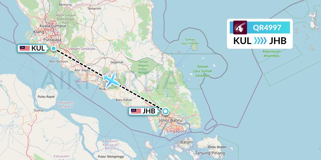 QR4997 Qatar Airways Flight Map: Kuala Lumpur to Johor Bahru