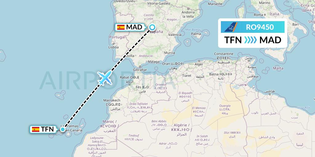 RO9450 Tarom Flight Map: Tenerife to Madrid