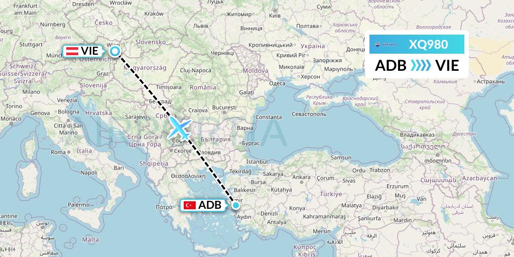 XQ980 SunExpress Flight Map: Izmir to Vienna