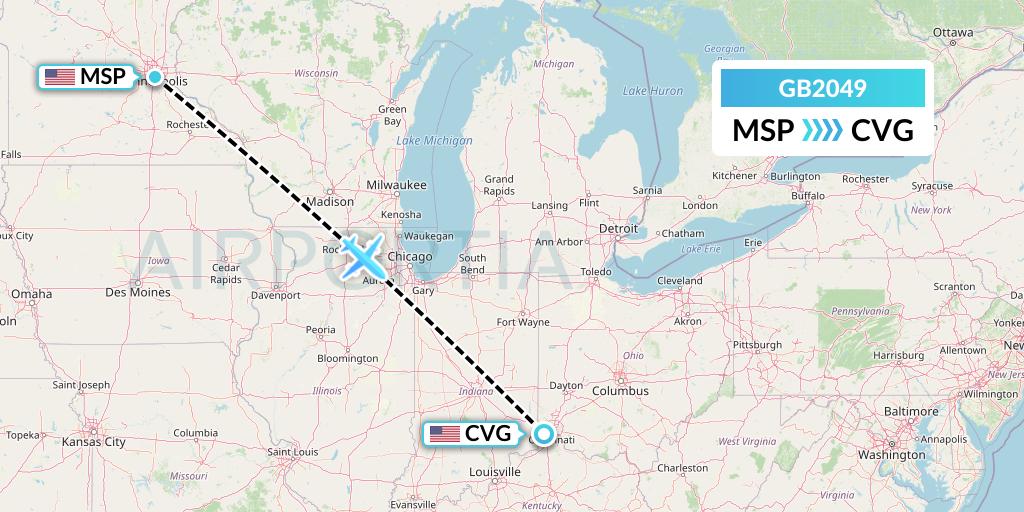 GB2049 ABX Air Flight Map: Minneapolis to Cincinnati