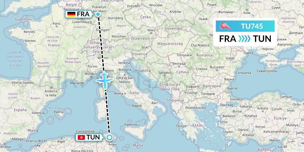 TU745 Tunisair Flight Map: Frankfurt to Tunis