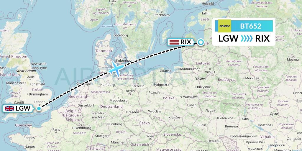 BT652 Air Baltic Flight Map: London to Riga